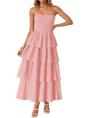 Women's Pink Summer Boho Sleeveless Off Shoulder Strapless Long Maxi Dresses